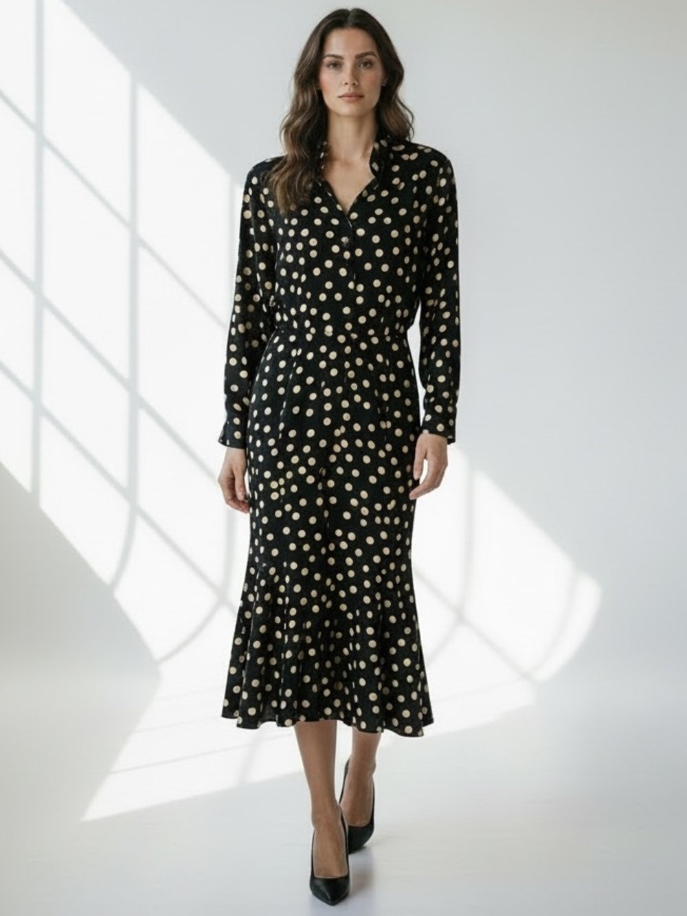 Vintage Ann Tijian for KENAR 2 Black Polka Dot Long Sleeve Silk Midi Dress